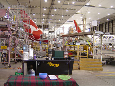 The Coffee Cure - Mobile Coffee Cart  - Shown here setup for Afternoon Tea at Qantas Heavy Engineering Tullamarine. The Coffee Cure servicing Melbourne Metro, CBD, Mornington Peninsula, Frankston, Geelong and most of Victoria